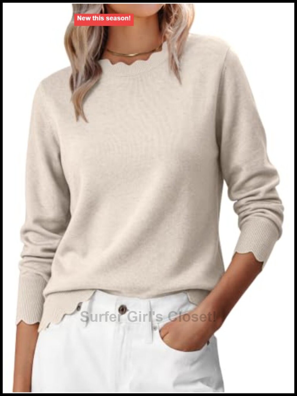 Lightweight Knit Pullover Sweater with Scallop Edge and Blouson Sleeves